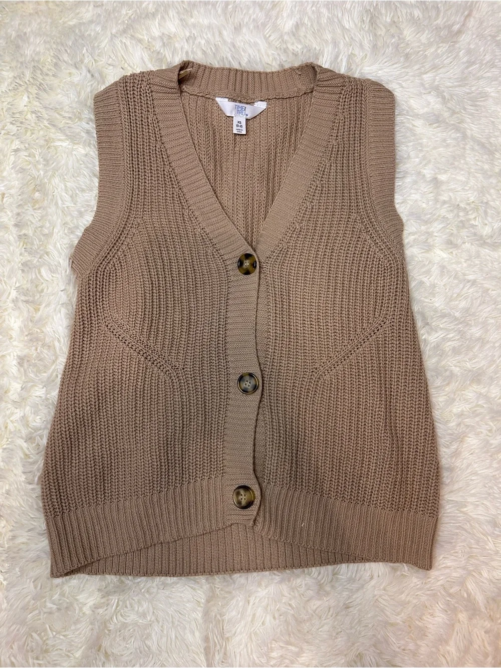 Time and Tru Taupe Knit Button-Front Vest
